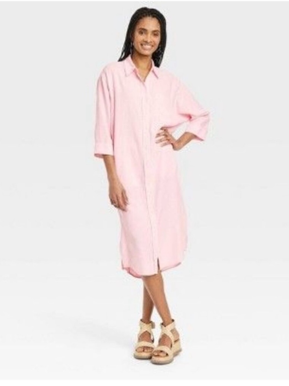 Universal Thread Pink Linen 3/4 Sleeve Button-Front Midi Shirtdress NWT XL